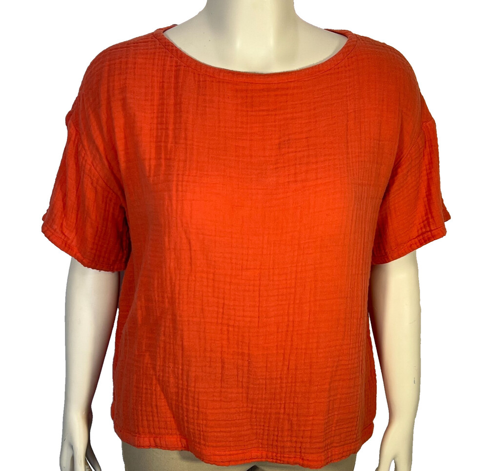 Eileen Fisher Tunic Top Womens L Orange Quilted Organic Cotton Short Sleeve